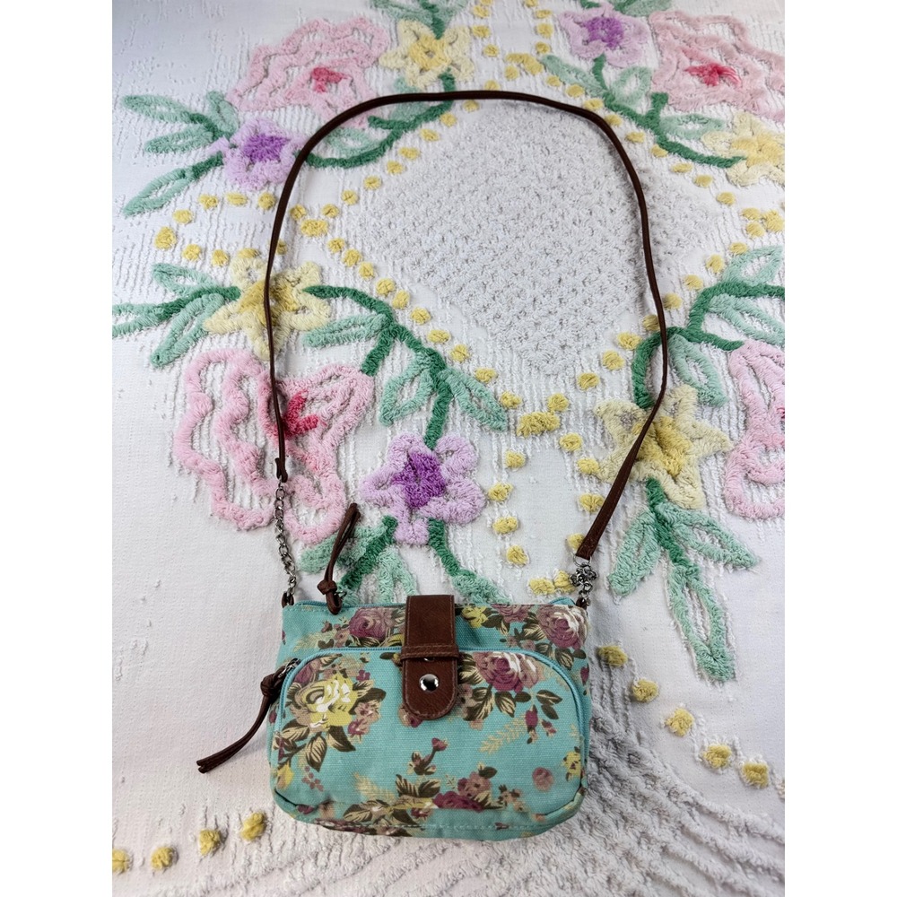 Mint Floral Canvas Crossbody Bag Small Rose Print Shoulder‎ Purse NB15A114